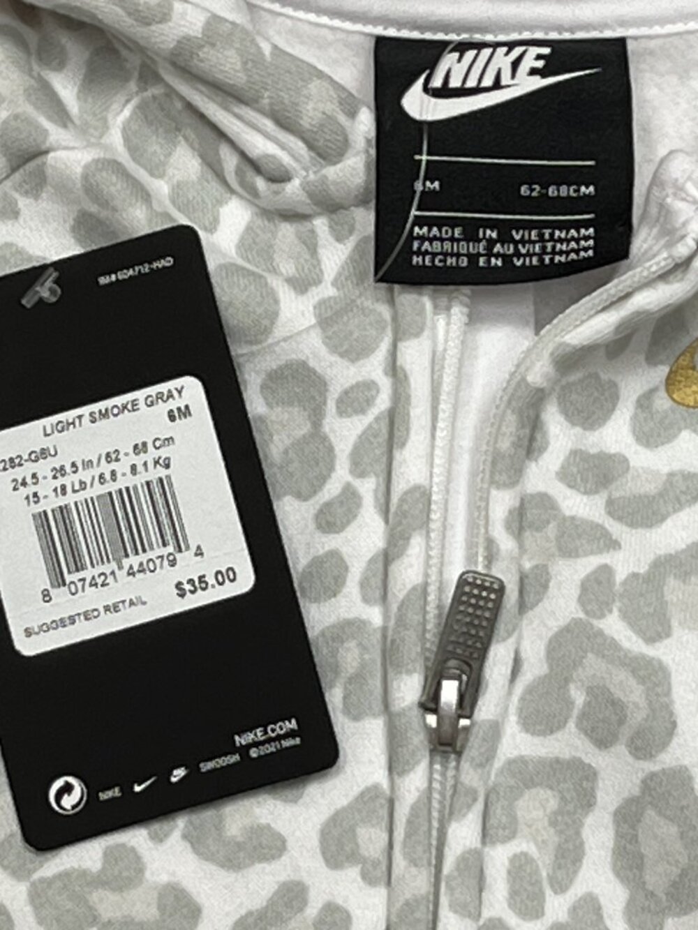 NEW Nike Infant Leopard Zip Hooded Boys 6 Months Coverall Romper Clothes Outfit